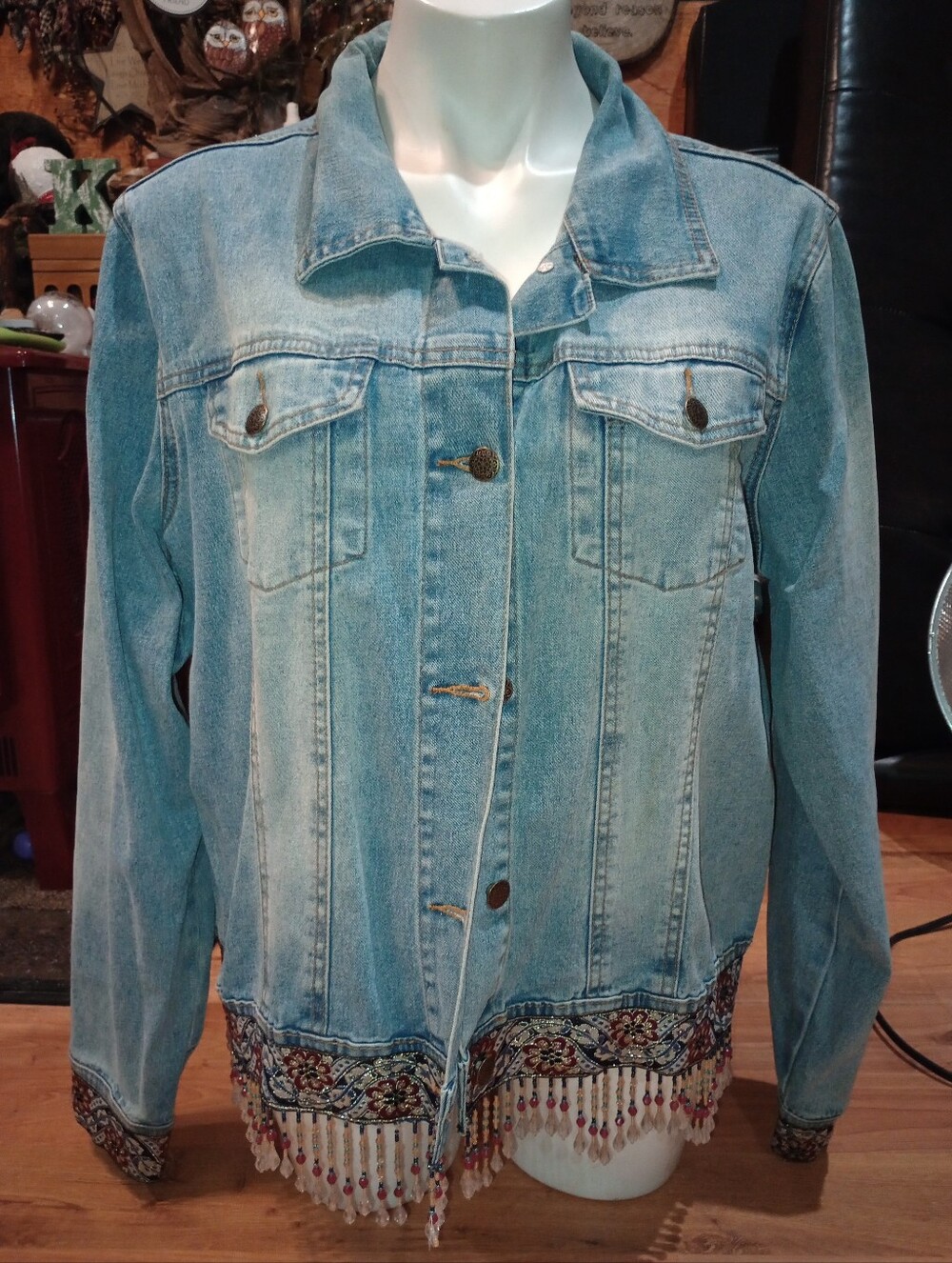 Women’s Light Blue Denim Jacket with Embroidered Border And Beads. Diane Gilman